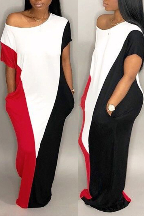 LovelyCasual Short Sleeves Patchwork Red Cotton Blend Floor Length Dress