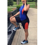 LovelyTrendy Round Neck Patchwork Blue Polyester O