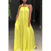 Lovely Leisure Halter Neck Backless Yellow Polyest