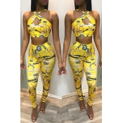 Lovely Sexy Printed Hollow-out Yellow Polyester Tw