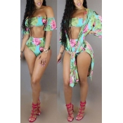 LovelySexy Printed Green Polyester Two-piece Swimw