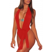 Lovely Fashion Halter Neck Red Polyester One-piece