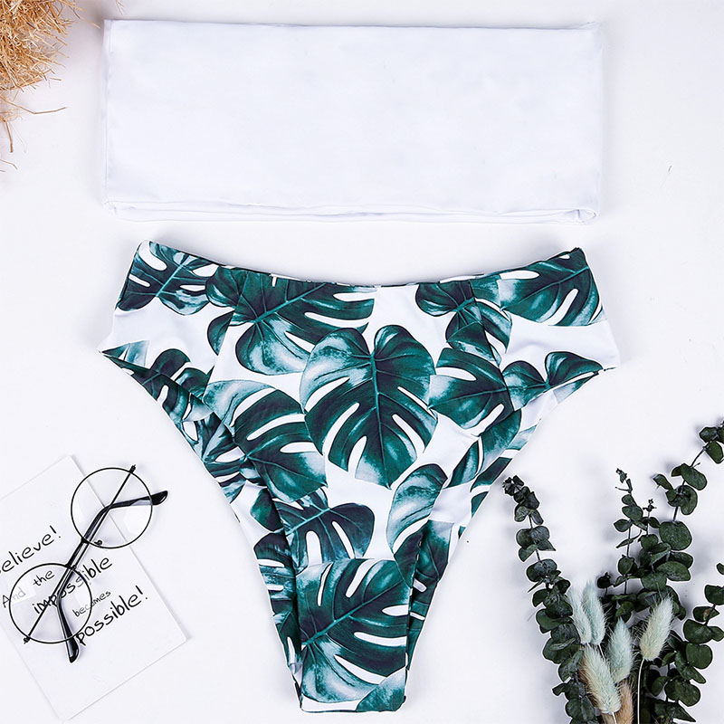 Lovely Leaf Printed White Nylon Two-piece Swimwears