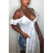 Lovely Casual Bateau Neck Flounce Buttons White Po