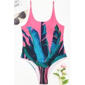 Lovely Fashion U Neck Leaf Printed Pink Nylon One-