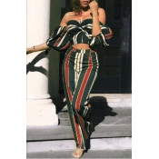 LovelyFashion Bateau Neck Striped Green Polyester 
