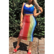 Lovely Chic U Neck Colorful Striped Two-piece Skir