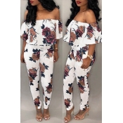 Lovely Sexy Bateau Neck Floral Printed White Cotto