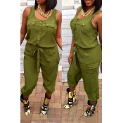 Lovely Causal U Neck Drawstring Green One-piece Ju