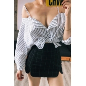 Lovely Sexy Dew Shoulder Striped White Shirts