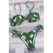 Lovely Green Printed Hollow-out Two-piece Swimwear