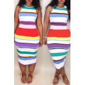 Lovely Casual Striped White Cotton Blends Mid Calf