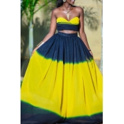 Lovely Trendy Dew Shoulder Yellow Two-piece Skirt 