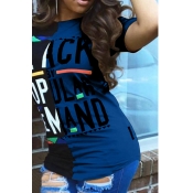 LovelyCasual Round Neck Letters Printed Blue T-shi