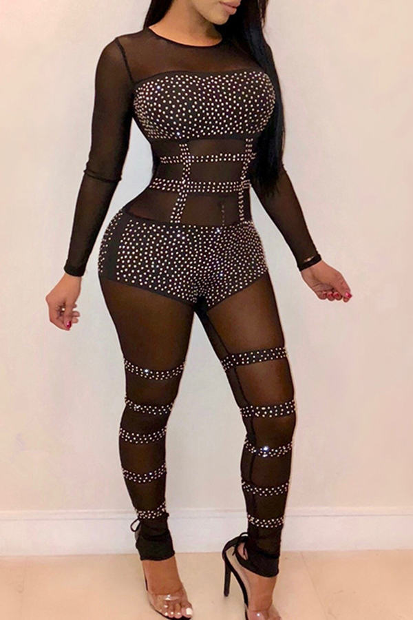Lovely Euramerican See-Through Hot Drilling Design Black One-piece Jumpsuit