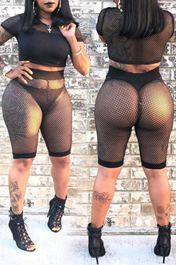 Lovely Sexy See-Through Black Two-piece Shorts Set (Without Underclothes)