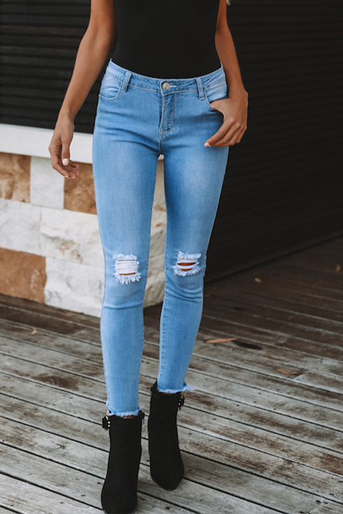 Lovely Trendy Broken Holes Blue Denim Skinny Jeans