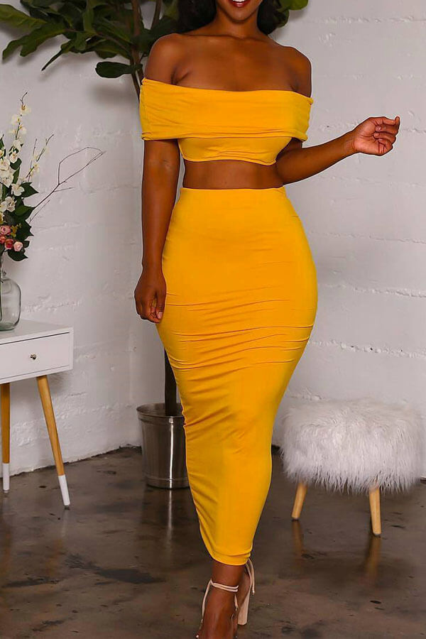 Lovely Euramerican Dew Shoulder Yellow Two-piece Skirts Set