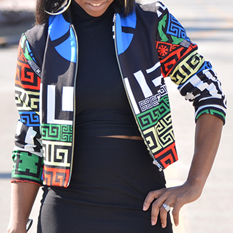 Lovely Trendy Round Neck Printed Zipper Design Polyester Jacket