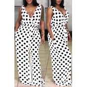 Lovely Casual Dots Printed White One-piece Jumpsui