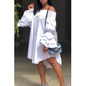 LovelyTrendy Dew Shoulder White Knee Length Dress