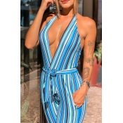 Lovely  Casual Halter Neck  Striped Blue  One-piec