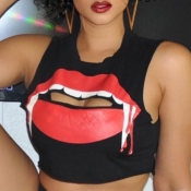Lovely Euramerican Printed Black Tank Top