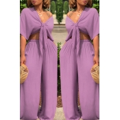 Lovely Casual Deep V Neck Loose Purple Two-piece P