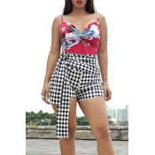 Lovely Fashion Floral Printed Red Two-piece Shorts