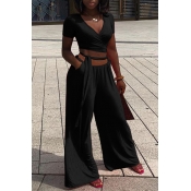 Lovely Casual Lace-up Loose Black Two-piece Pants 