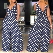 Lovely Casual Dots Printed Navy Blue One-piece Jum