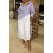 Lovely Casual Striped Purple Blending Mid Calf Dre