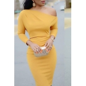 Lovely Casual Sloping Shoulder Sheath Yellow Twill