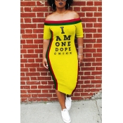 Lovely Euramerican Letters Printed Patchwork Yello