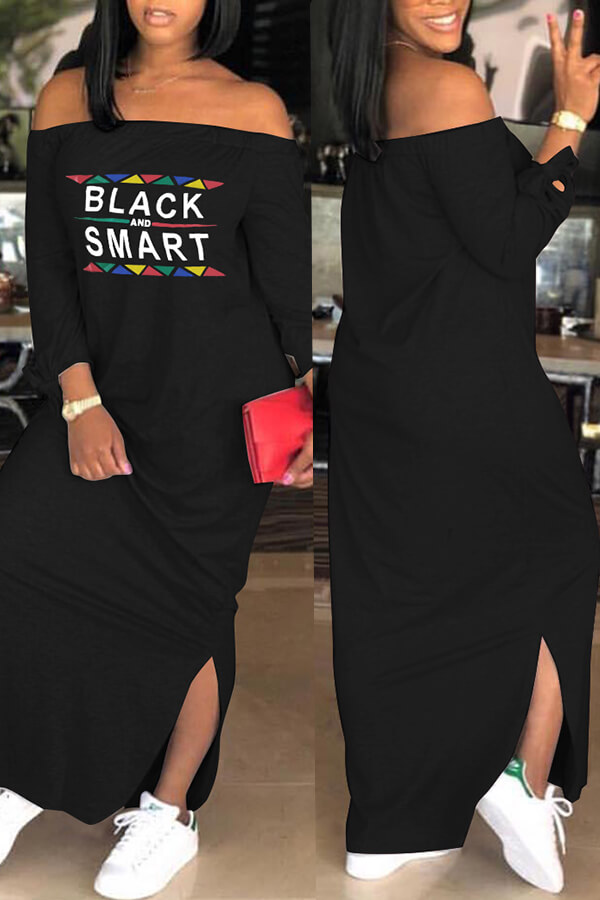 Lovely Dew Shoulder Letters Printed Black Ankle Length Dress