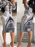 Lovely Casual Geometric Printed Slim White Knee Length Dress