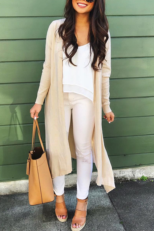 Lovely Casual Side Slit Long Yellowish Rice Cardigan Sweaters