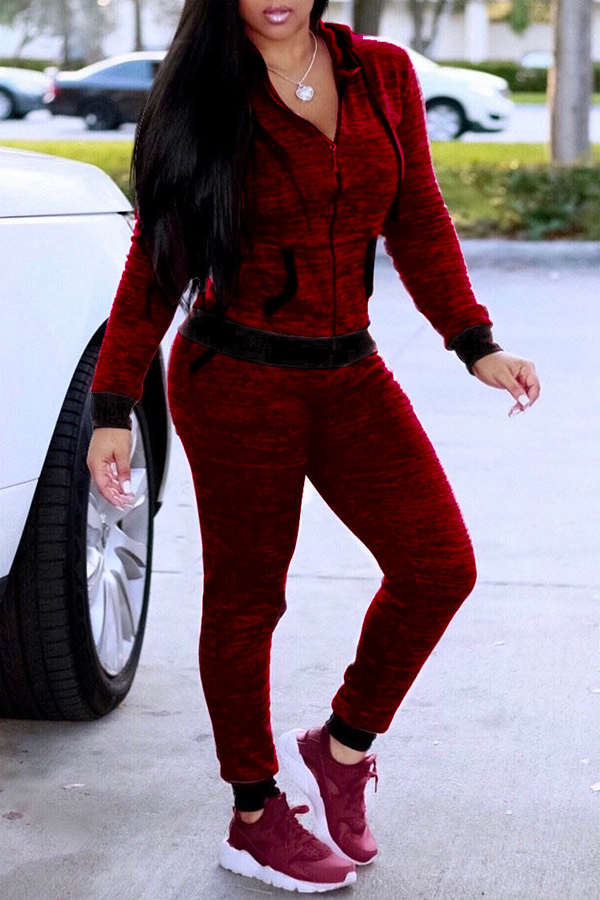 Lovely Casual Basic Zipper Design Wine Red Two-piece Pants Set