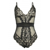 Lovely Sexy Lace Spliced Lace-up Black Lace Teddie