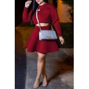 Lovely Sweet Long Sleeves Wine Red Two-piece Skirt