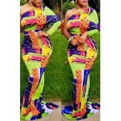 Lovely Casual Dew Shoulder Printed Multicolor Floo