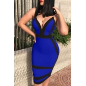 Lovely Sexy Deep V Neck Patchwork Royal Blue Twill