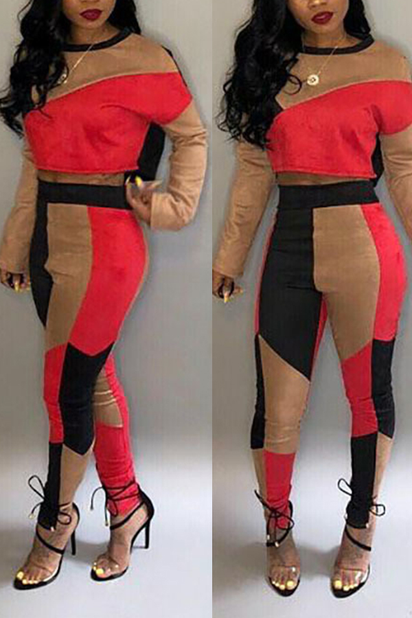 Lovely Casual Patchwork Red Knitting Two-piece Pants Set