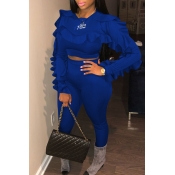 Lovely Casual Long Sleeves Flounce Blue Blending T