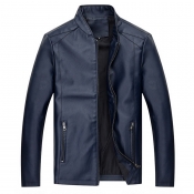 Lovely Casual Zipper Design Blue Leather Coat