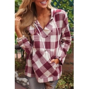 Lovely Casual Hooded Collar Grids Printed Wine Red
