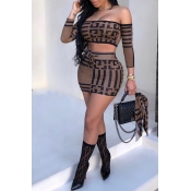Lovely Sexy Dew Shoulder Printed Coffee Two-piece 