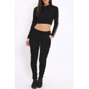 Lovely Casual Patchwork Black Twilled Satin Two-pi