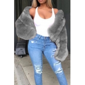 Lovely Casual Winter Long Sleeves Grey Faux Fur Co