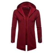 Lovely Casual Hooded Collar Wine Red Cardigan Hood